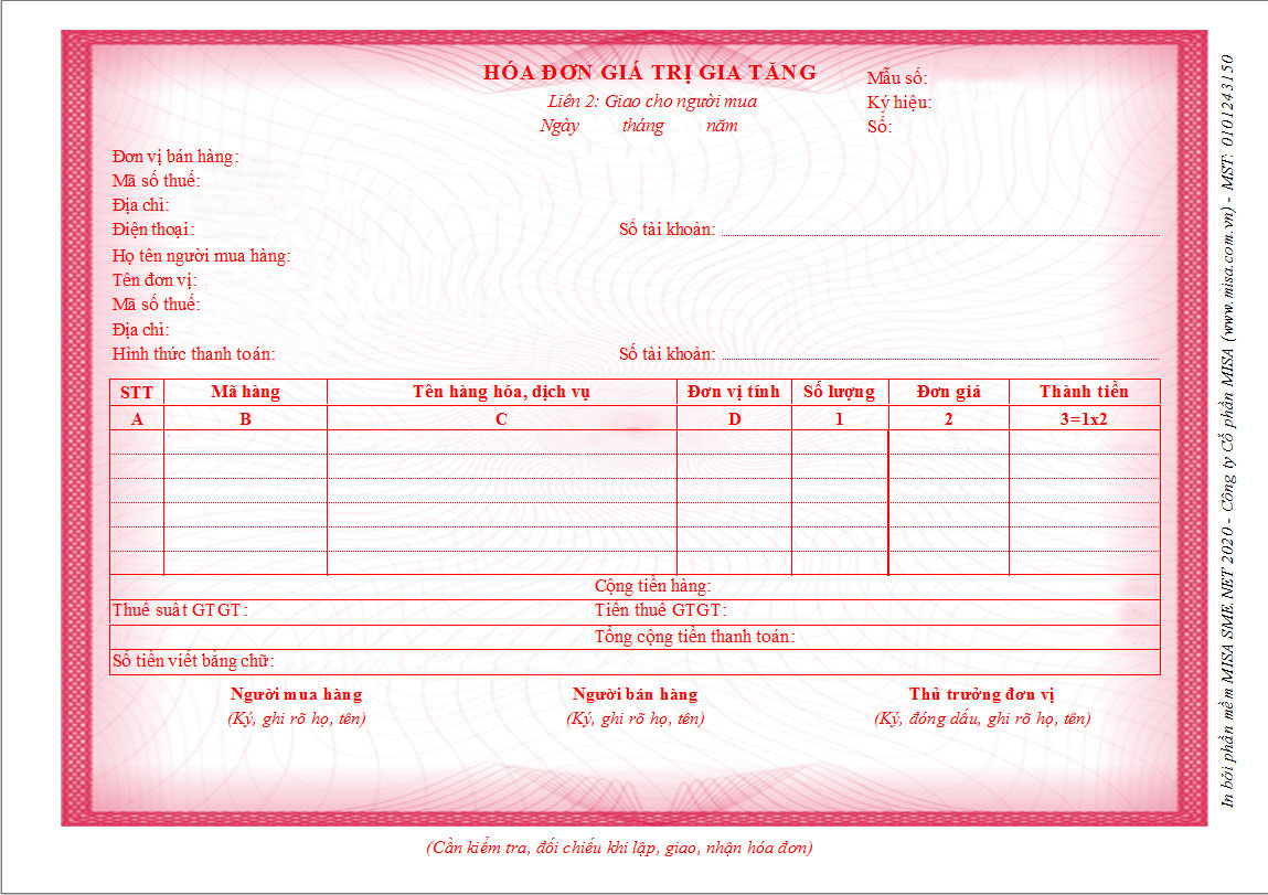 Hình 4: Mẫu hóa đơn giá trị gia tăng lập giao cho khách hàng (Nguồn: Phần mềm MISA.SME.NET)