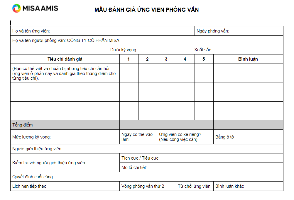 Mẫu phiếu đánh giá năng lực ứng viên phỏng vấn