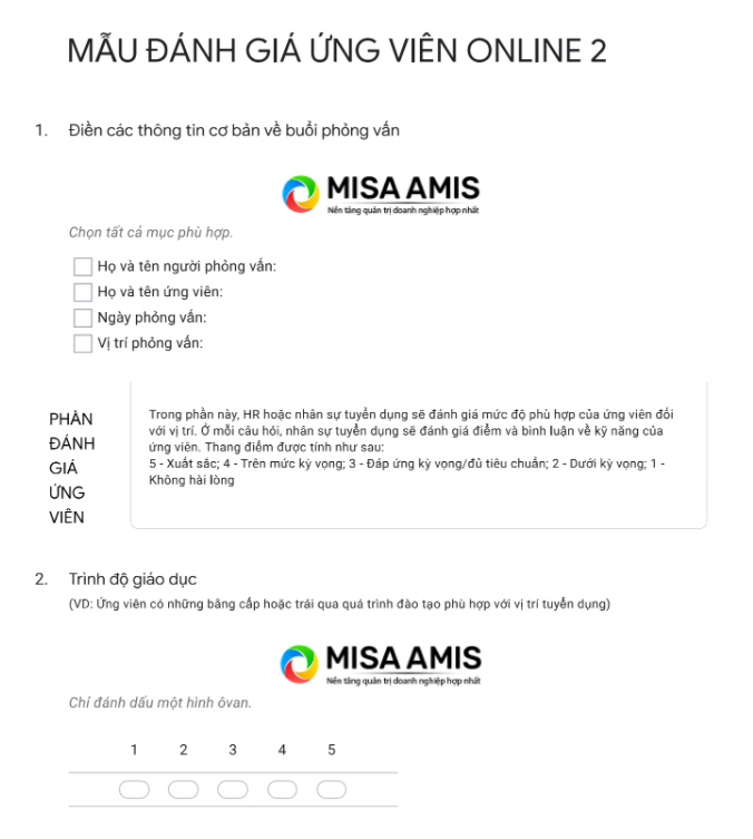 Mẫu đánh giá năng lực ứng viên cấp quản lý