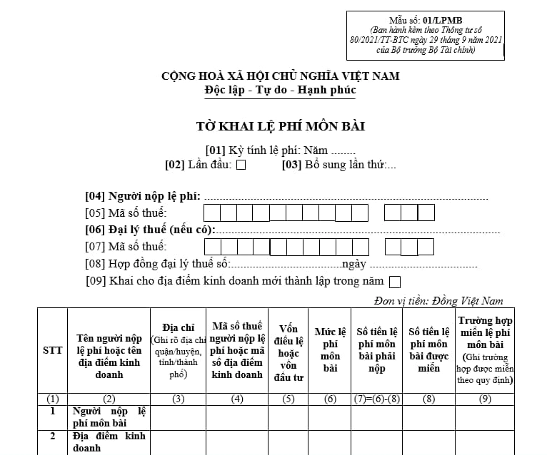 Mẫu tờ khai lệ phí môn bài (thuế môn bài)