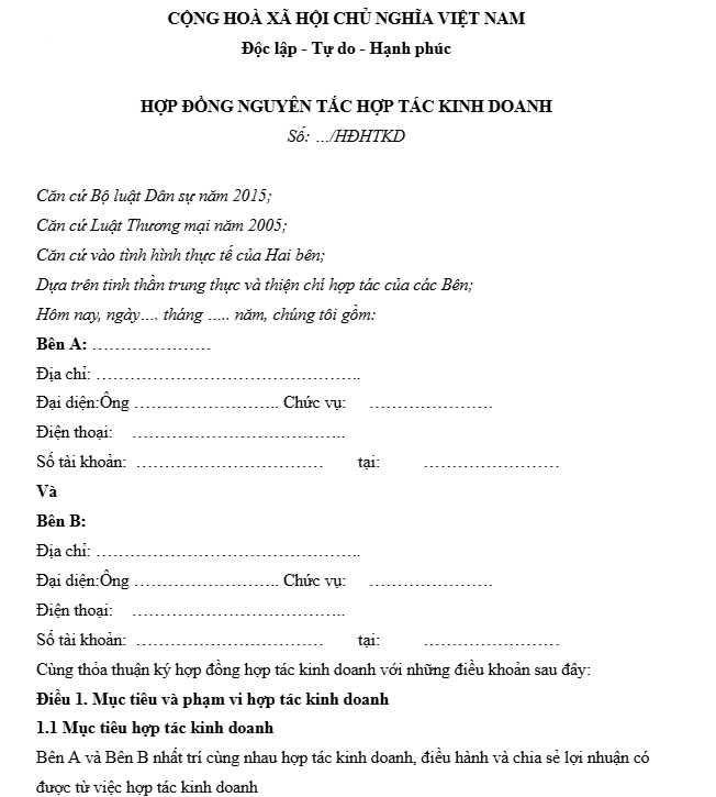 hợp đồng nguyên tắc hợp tác kinh doanh