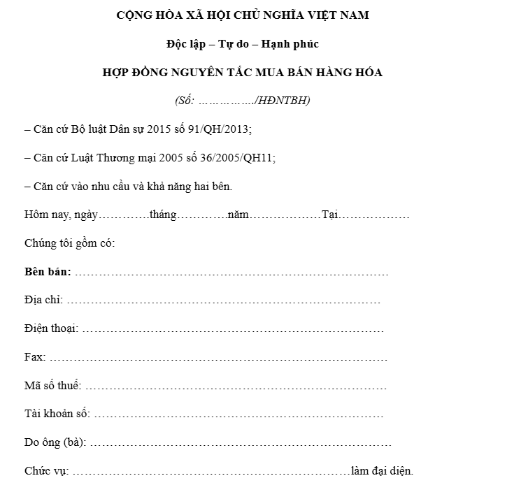 hợp đồng nguyên tắc mua bán hàng hóa