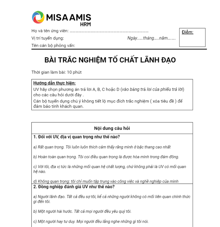 bài test tuyển dụng nhân sự về tố chất lãnh đạo