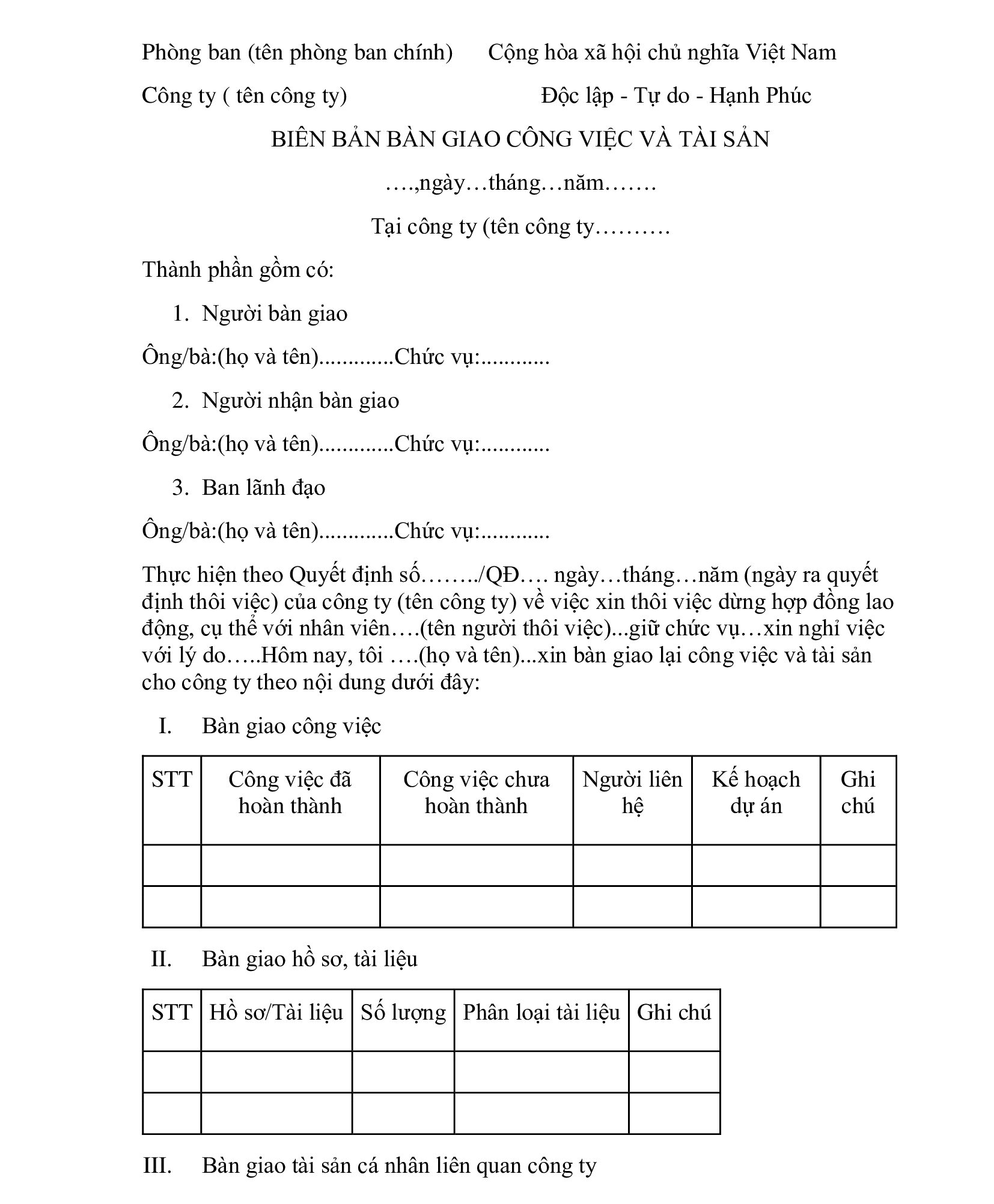 Mẫu biên bản bàn giao nghỉ việc