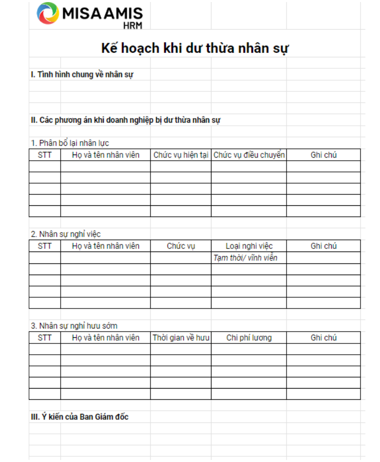 Mẫu kế hoạch khi dư thừa nguồn nhân lực
