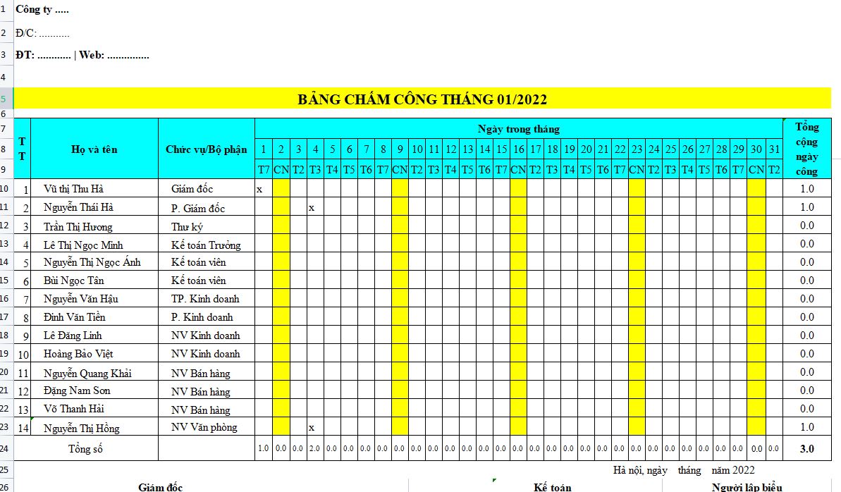 phác thảo mô hình bảng chấm công trên excel
