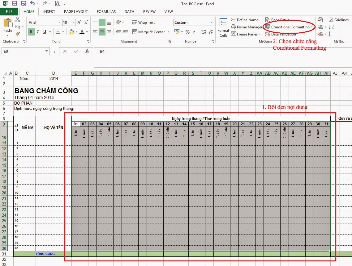 hướng dẫn tạo ô ngày tháng trong bảng chấm công excel