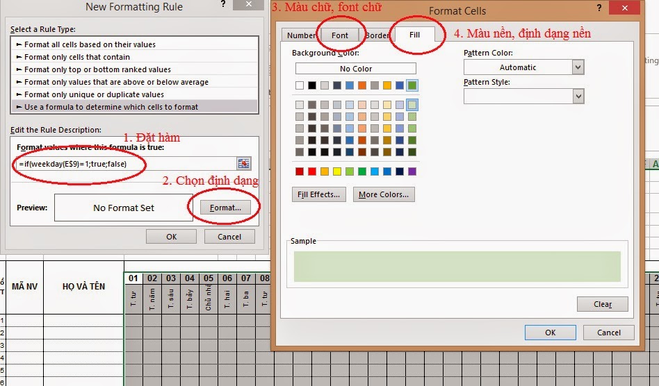 hướng dẫn đặt hàm ngày tháng trong bảng chấm công trên excel