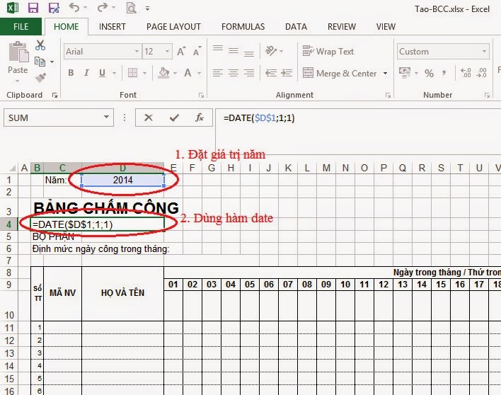 hàm date xác định giá trị thời gian trong bảng chấm công excel