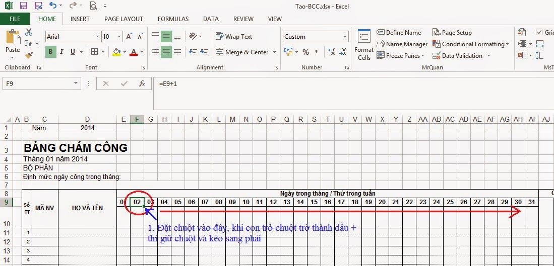 hướng dẫn bảng chấm công excel
