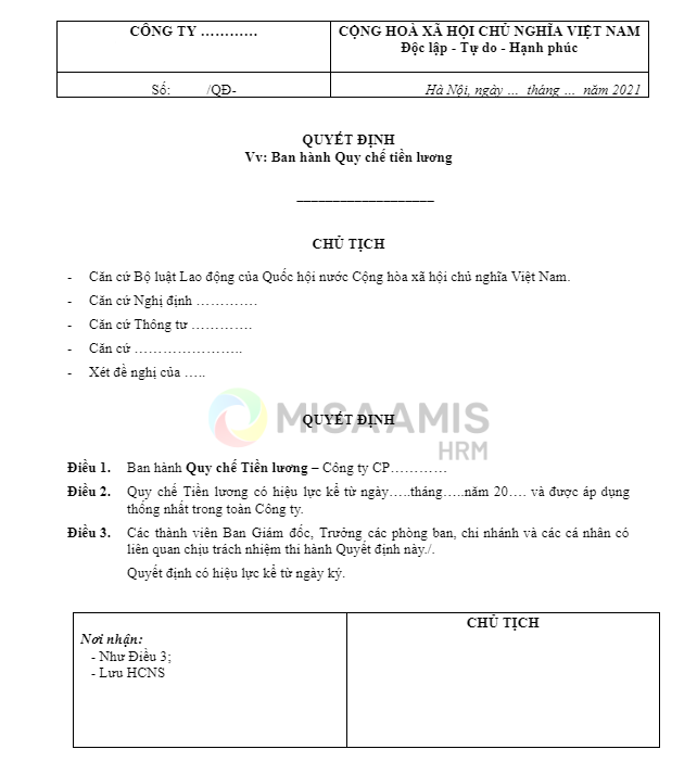 Biểu mẫu 1 về quy chế tiền lương tại Doanh nghiệp