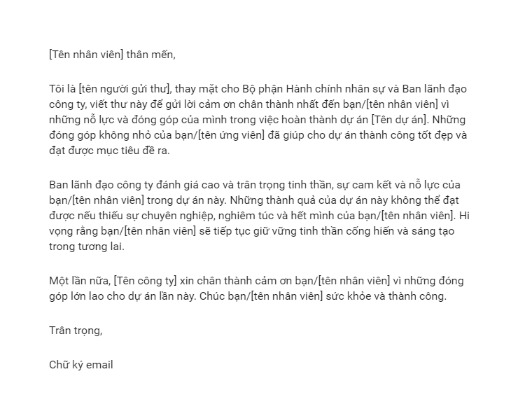 mẫu thư cảm ơn sự đóng góp của nhân viên dự án 1