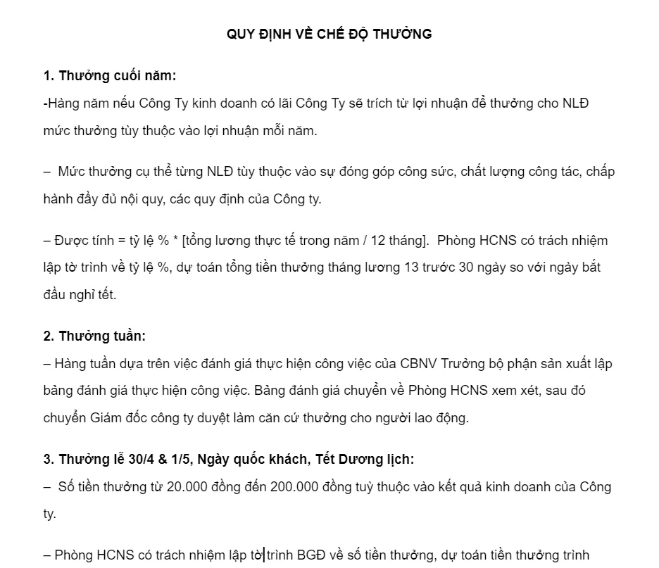 Mẫu 2 quy chế thưởng phạt trong công ty