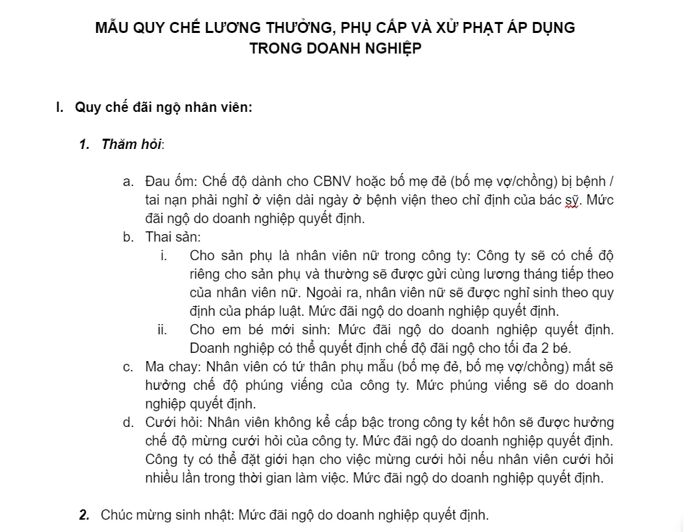Mẫu 1 quy chế lương thưởng trong công ty
