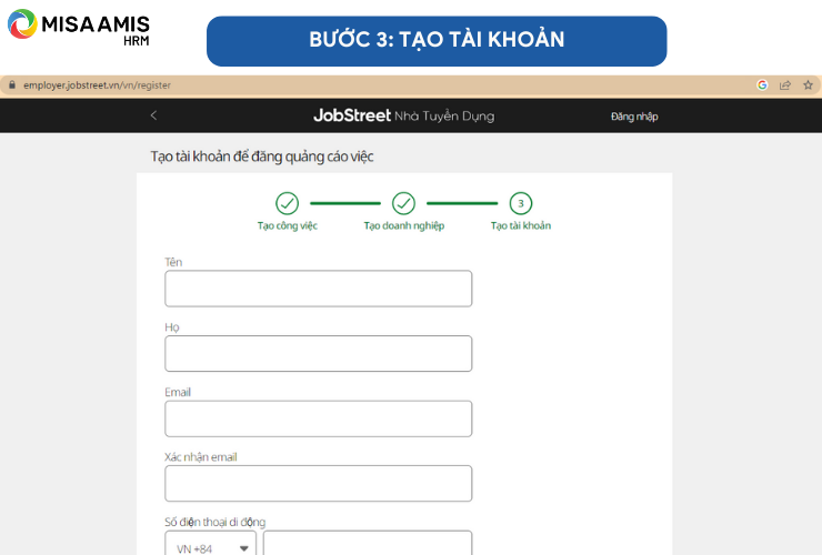 Bước 3: Tạo tài khoản trên trang tuyển dụng Jobstreet