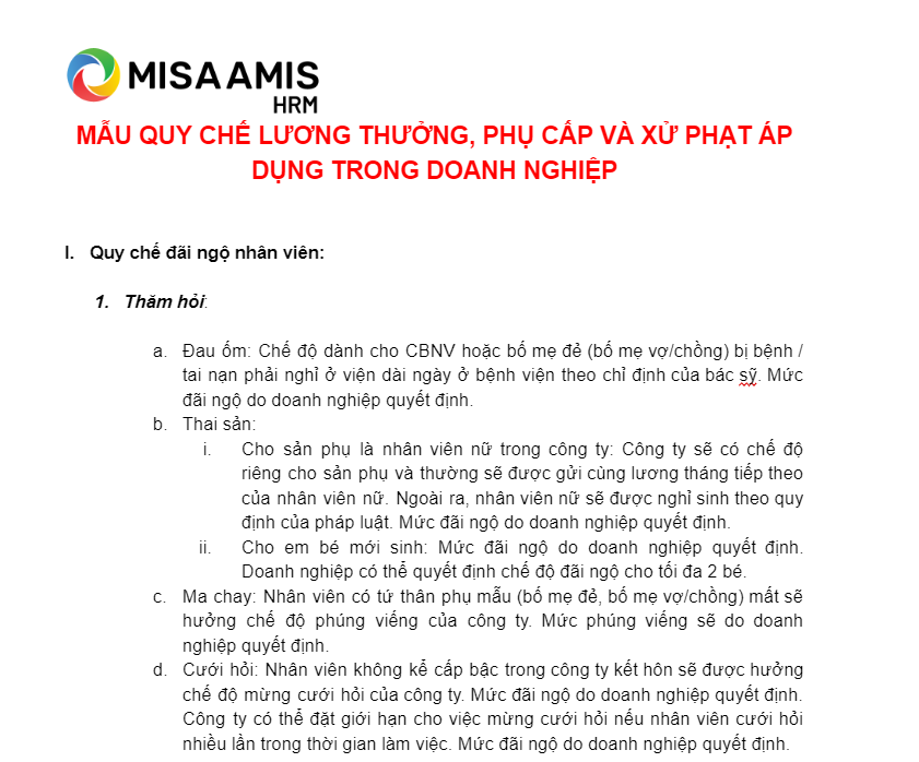 Mẫu chính sách phúc lợi từ MISA AMIS HRM