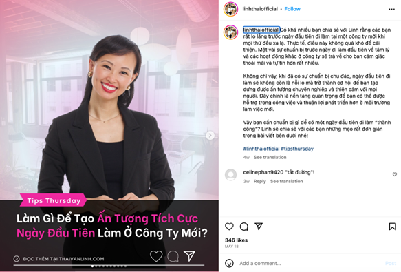 Bà Thái Linh - CEO của Skill Bridge, Instagram của bà là nơi giúp gia tăng hình ảnh của Skill Bridge, doanh nghiệp mà bà đang đảm nhiệm vị trí Giám đốc điều hành cao cấp (CEO) (Nguồn: Instagram @linhthaiofficial)
