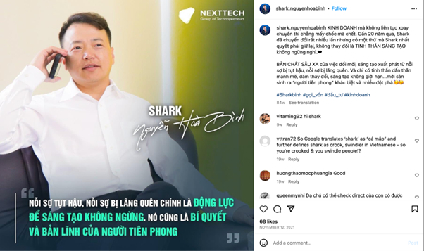 Ông Nguyễn Hòa Bình (Shark Bình) CEO của NextTech (Nguồn: Instagram @shark.nguyenhoabinh)