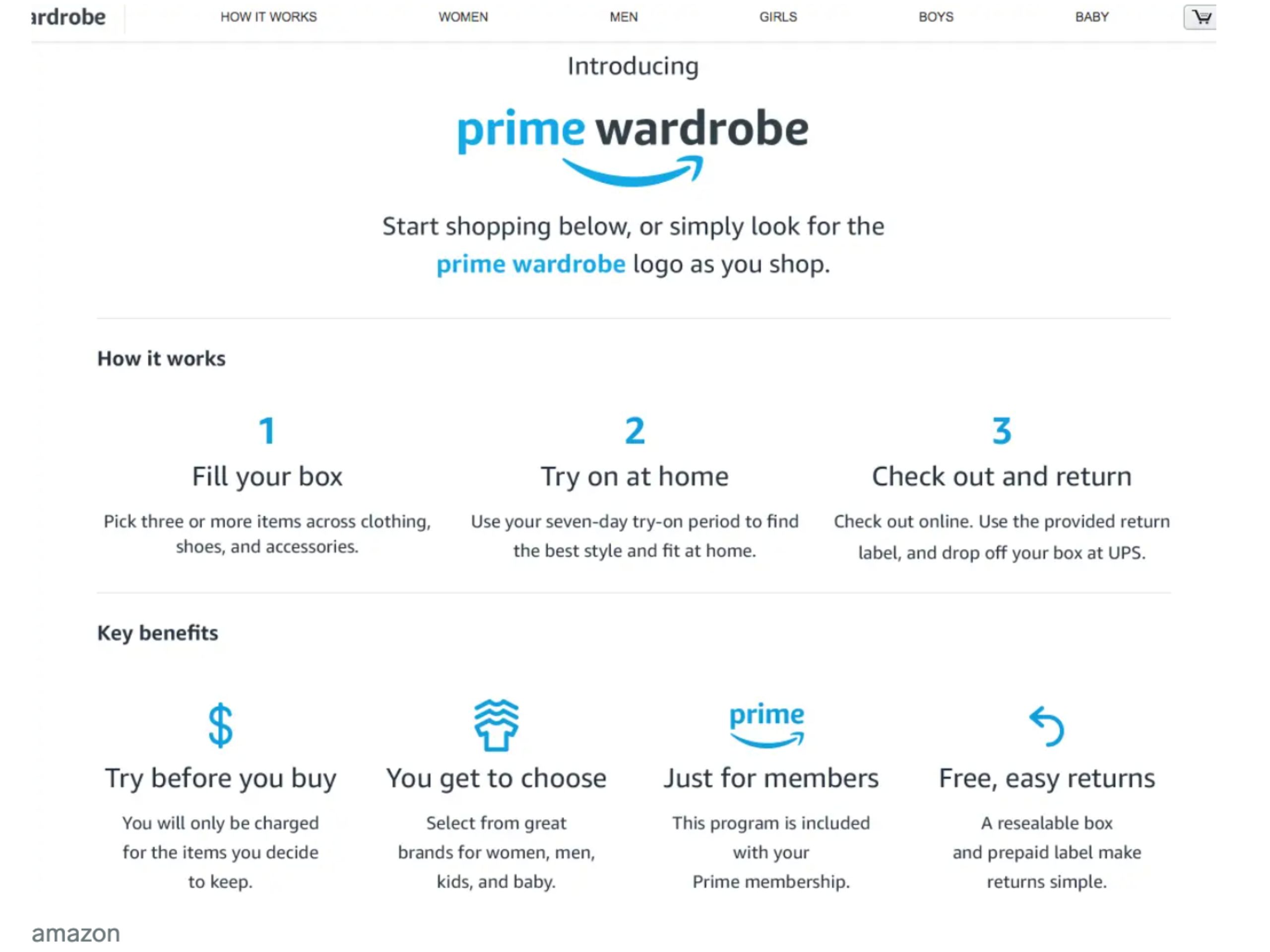 Amazon Prime Wardrobe là chiến lược loại bỏ lo lắng mua quần áo online mà chưa được thử của khách hàng. Khiến việc mua sắm thời trang trở nên dễ dàng hơn (Ảnh: Amazon)