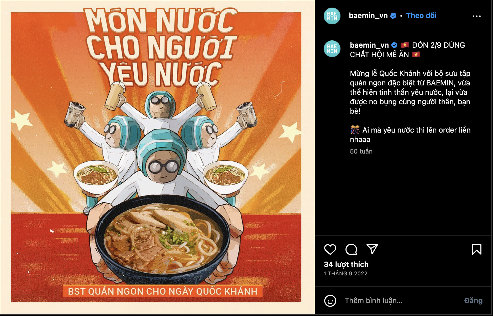 Chiến dịch “Món nước cho người yêu nước”hưởng ứng dịp lễ 2/9/2022 của Baemin (Ảnh: Baemin)