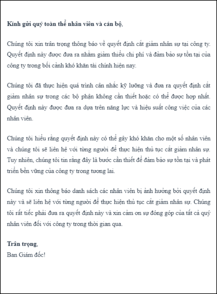 Mẫu thông báo cắt giảm nhân sự 1