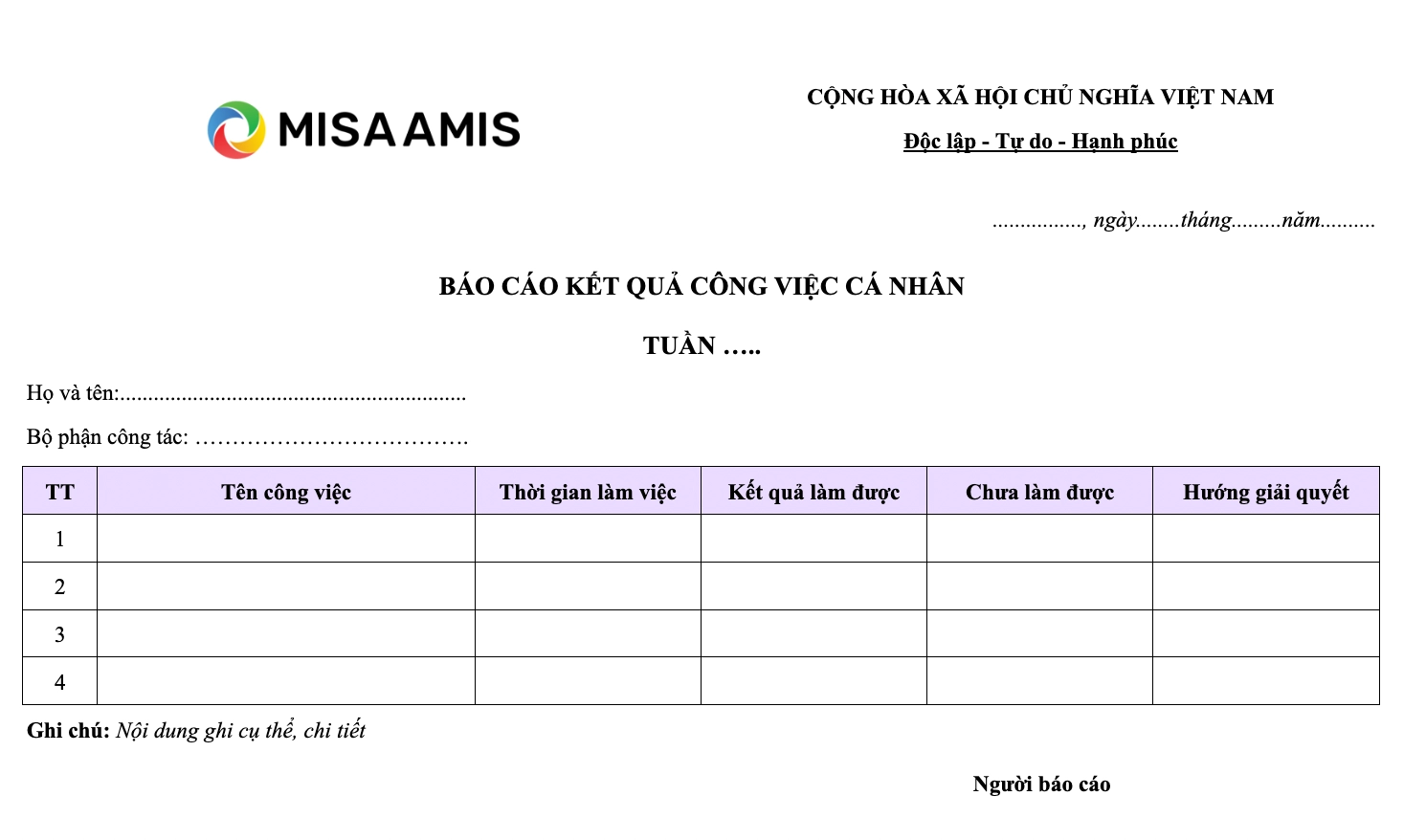 mẫu báo cáo công việc theo tuần bằng Word