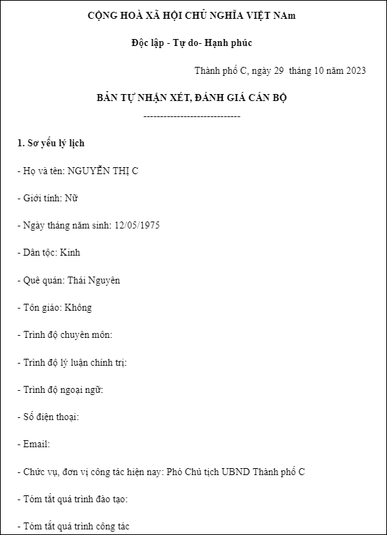 Mẫu tự đánh giá công việc cho cán bộ