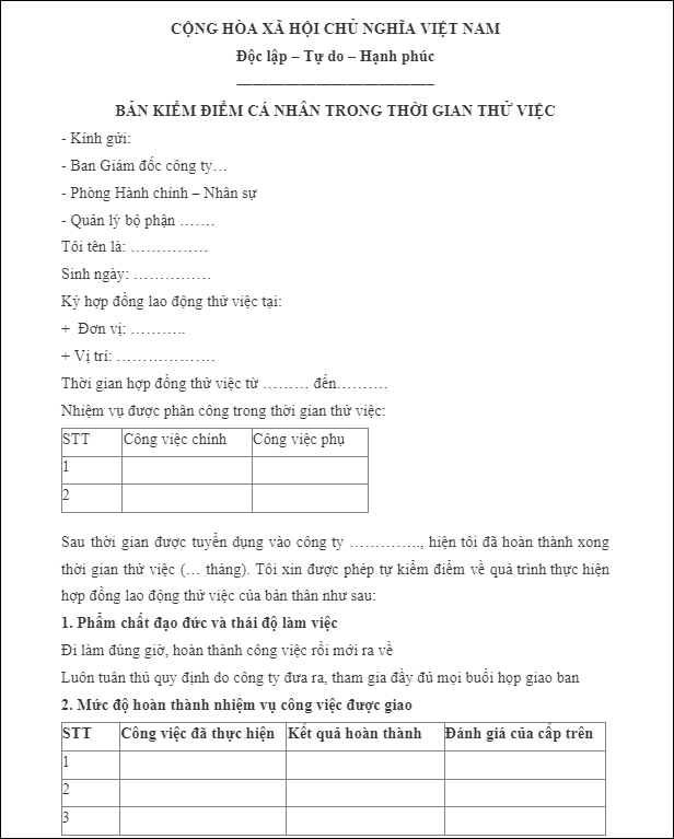 Mẫu tự đánh giá bản thân sau thử việc