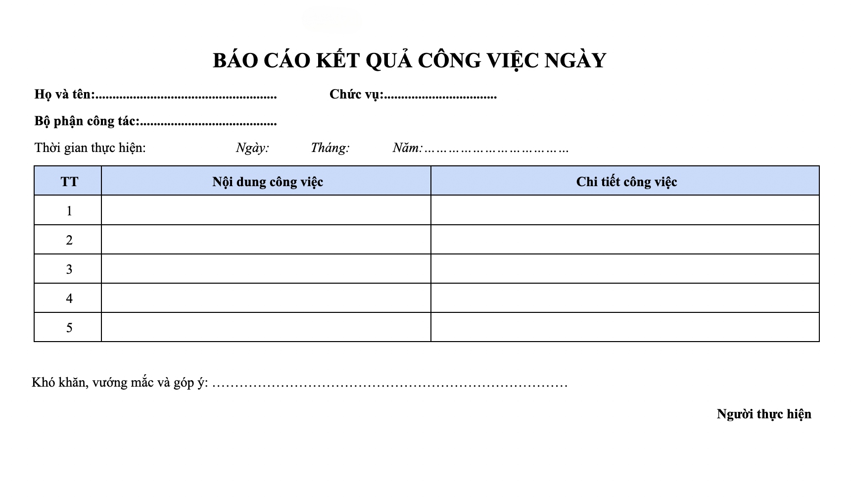 mẫu báo cáo công việc theo ngày