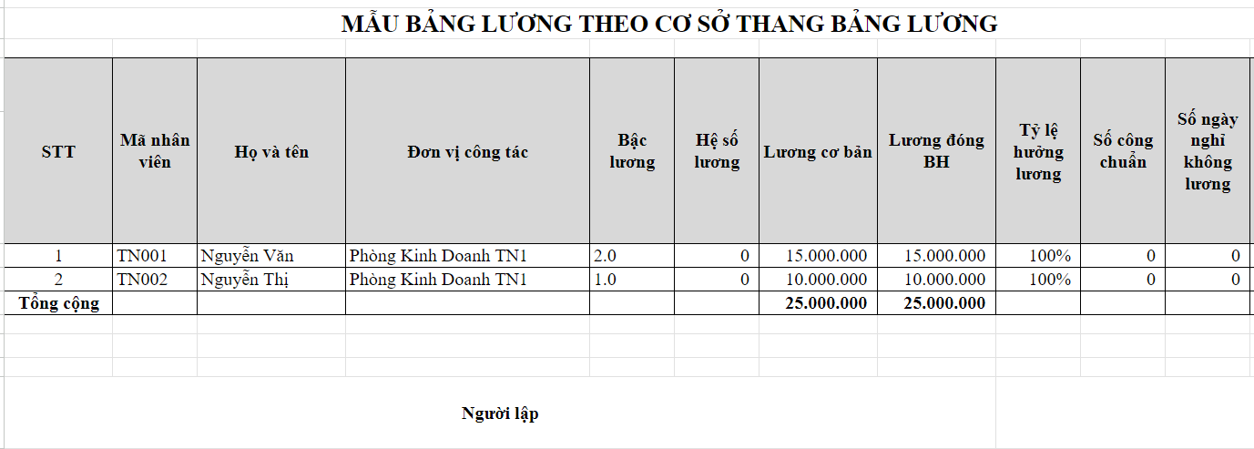 Hình ảnh mẫu bảng lương theo bậc