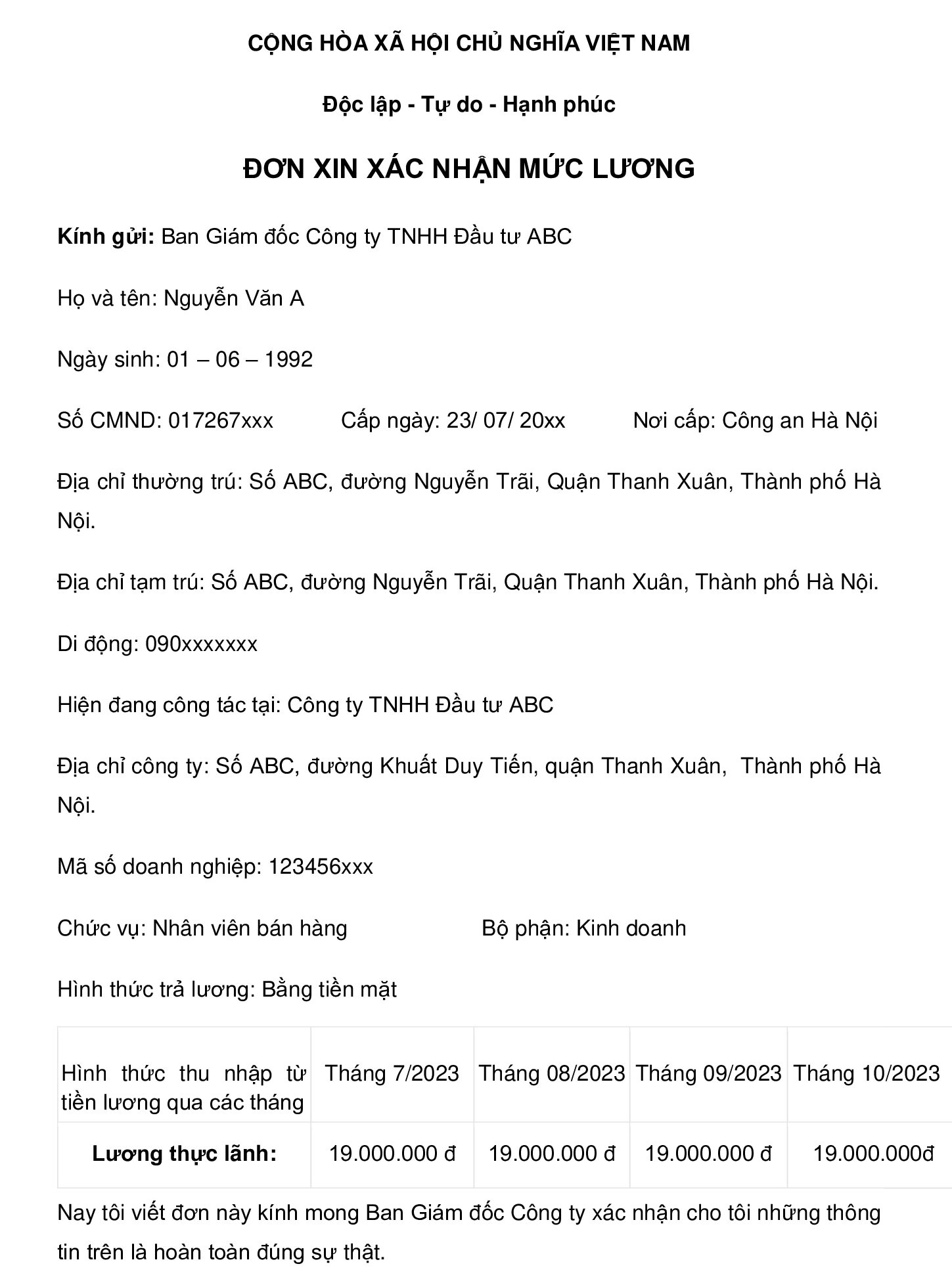 Mẫu xác nhận lương Mẫu xác nhận lương số 04