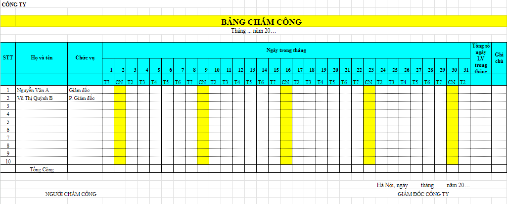 Biểu mẫu chấm công bằng Excel chuẩn