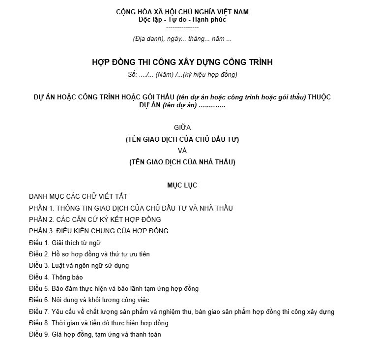 hợp đồng thi công xây dựng