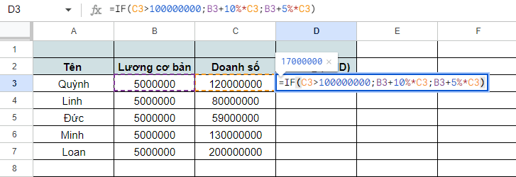 Cách sử dụng hàm IF để tính lương