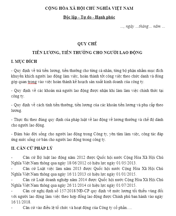 Mẫu quy chế lương thưởng mới nhất