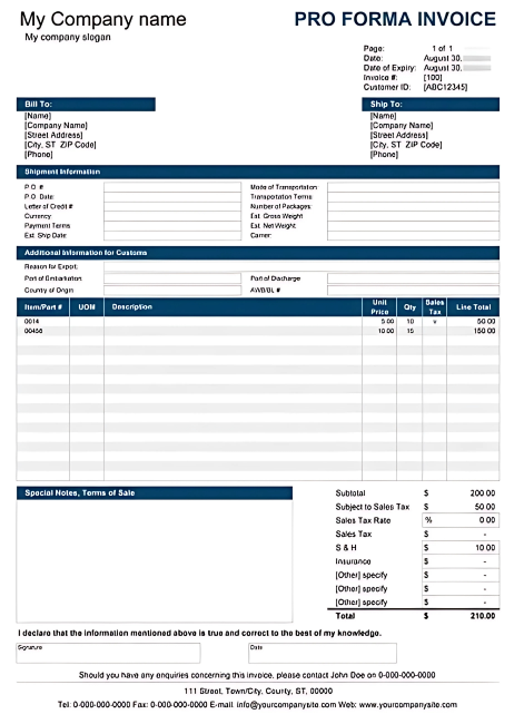 Mẫu Proforma Invoice thông dụng