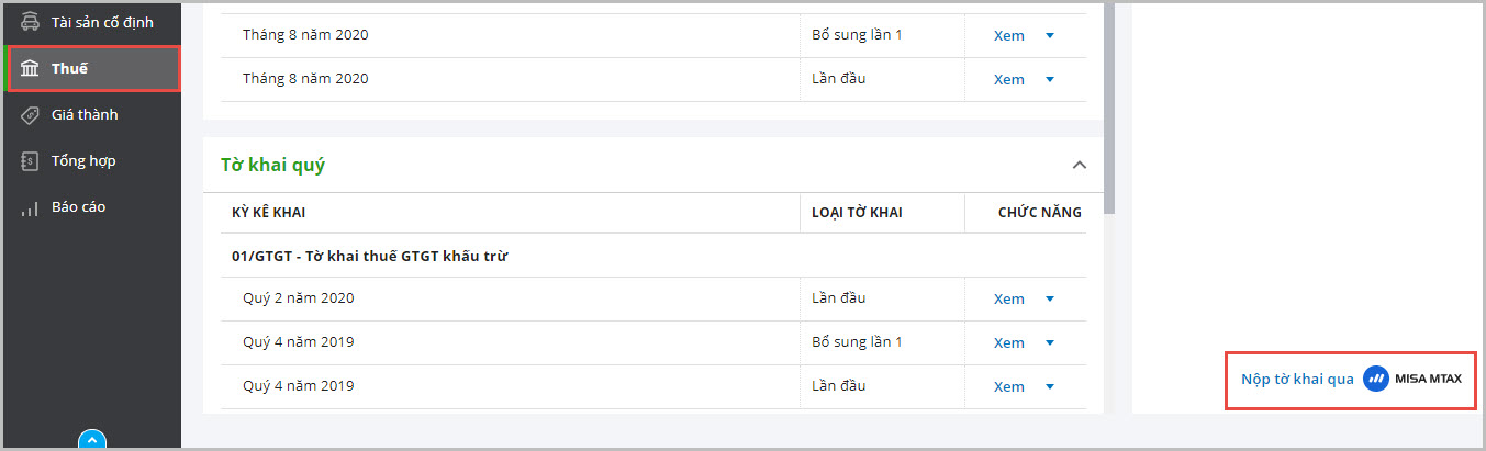 nộp tờ khai thuế qua MISA MTAX