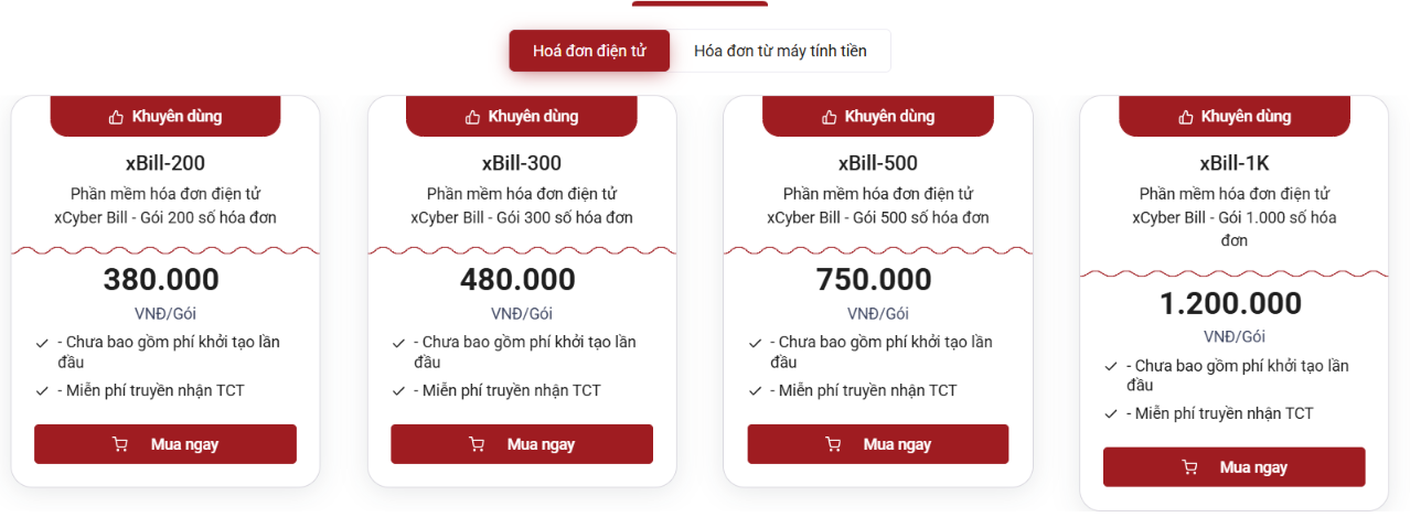 Bảng giá phần mềm xuất hóa đơn điện tử xCyber Bill