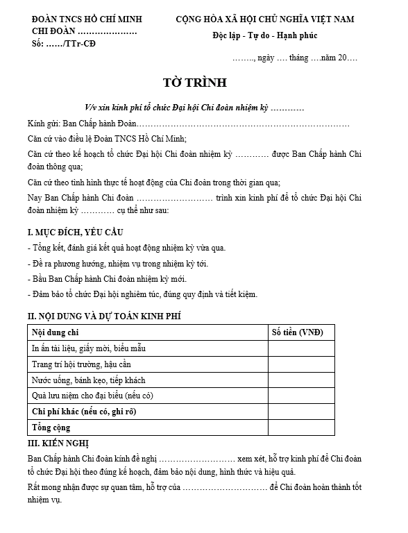 Mẫu tờ trình xin kinh phí hoạt động đại hội Chi đoàn