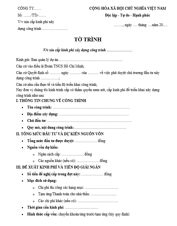 Mẫu tờ trình xin cấp kinh phí thực hiện xây dựng công trình
