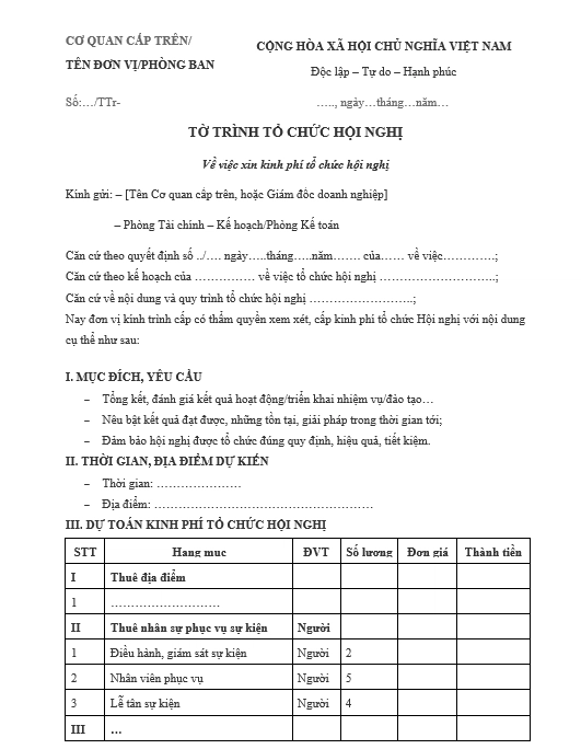 Mẫu tờ trình xin kinh phí tổ chức Hội nghị