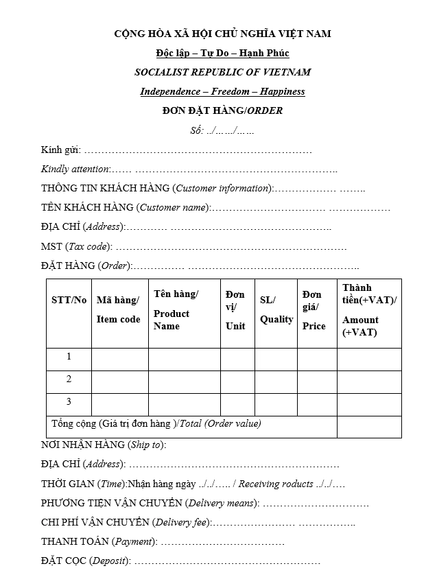 Mẫu đơn đặt hàng song ngữ số 3
