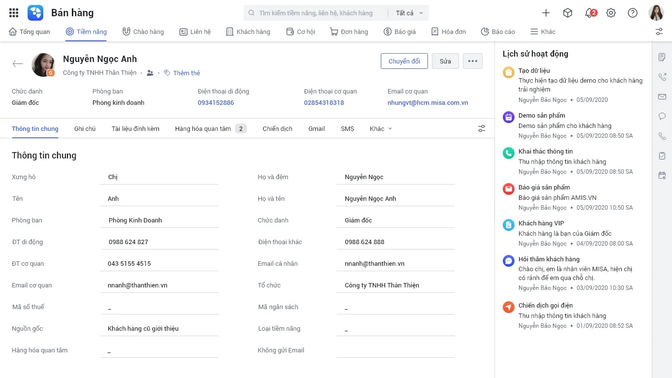 Sau mỗi chiến dịch, data 360 độ về khách hàng được đồng bộ lên AMIS CRM. Sales dễ dàng theo dõi và thiết lập luồng chăm sóc chuyên nghiệp