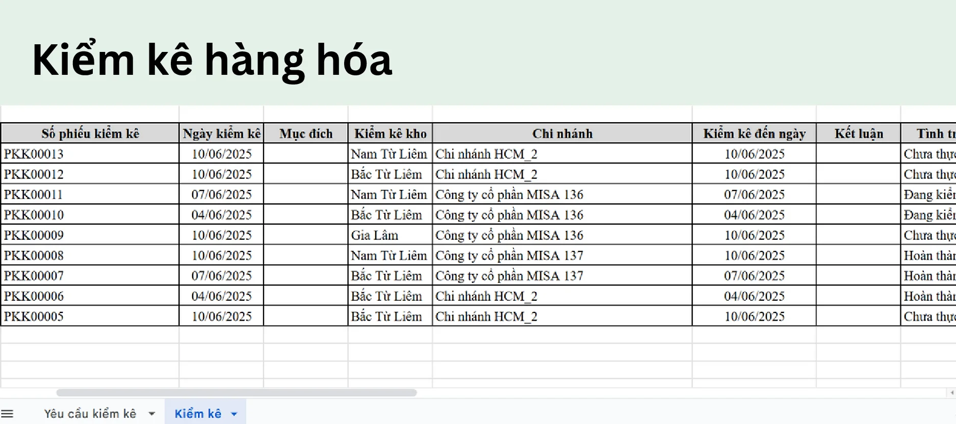 Sheet kiểm kê