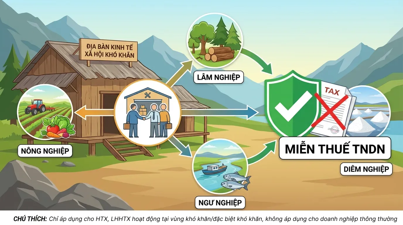 Miễn thuế với Thu nhập của HTX, LHHTX trong lĩnh vực nông, lâm, ngư, diêm nghiệp tại địa bàn khó khăn
