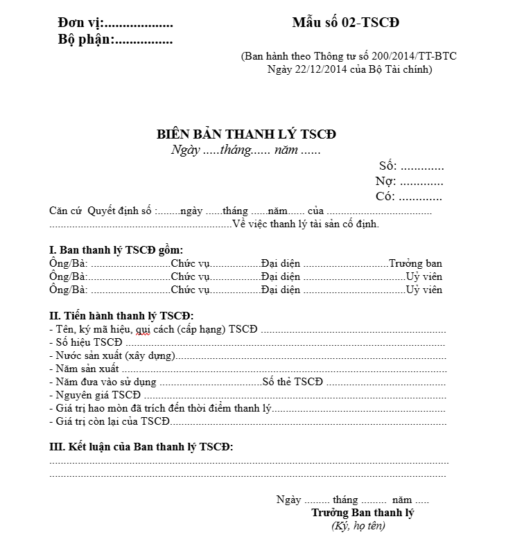 Biên bản thanh lý tài sản cố định theo Thông tư 200