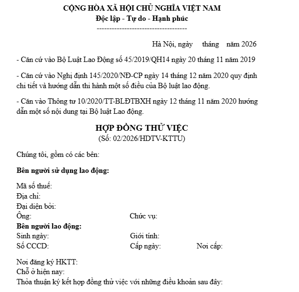 mẫu hợp đồng thử việc riêng