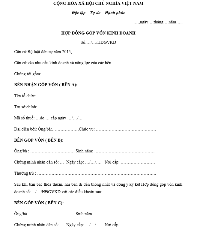 hợp đồng góp vốn kinh doanh 4 cá nhân