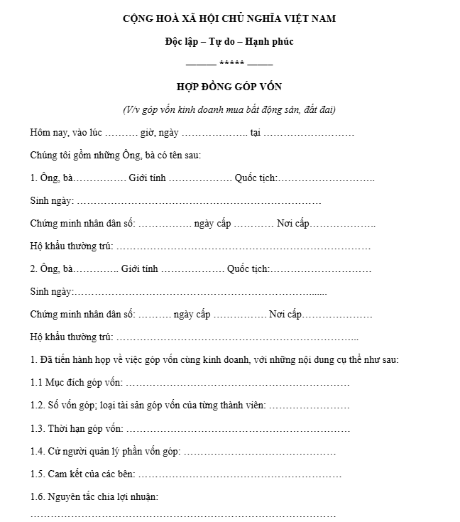 hợp đồng góp vốn mua đất