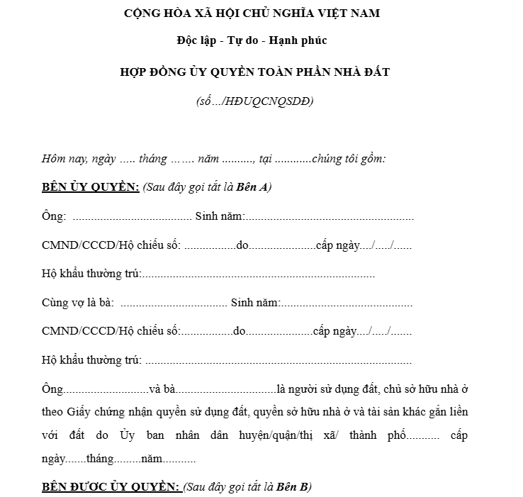 Hợp đồng ủy quyền toàn phần nhà đất